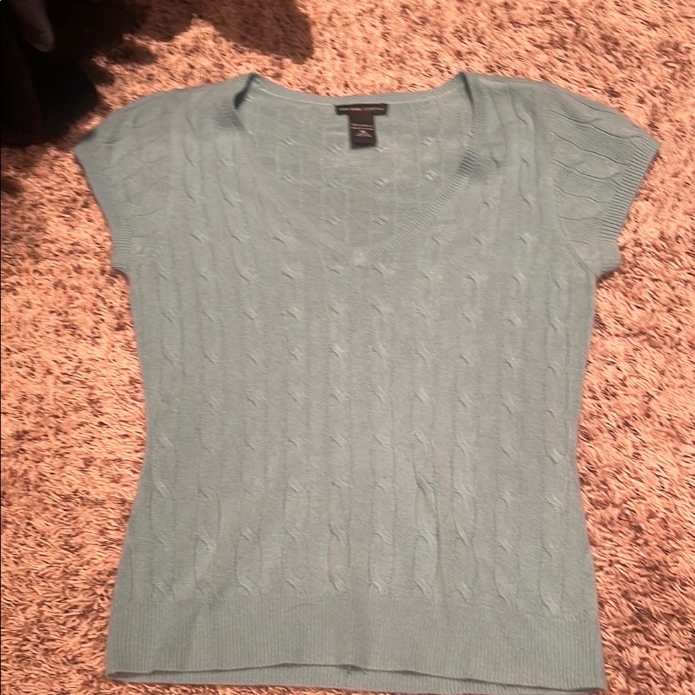 New York & Company blue Ribbed Cap Sleeve V-Neck Sweater